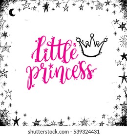 Princess party, calligraphic design, greeting card with a phrase little princess and a crown.