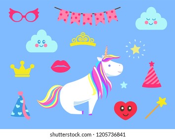 Princess party celebration isolated icons vector. Glasses and clouds, lips and crown, heart with face and cap for celebration. Magic wand with star
