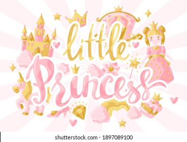 Princess party items background. Fairy kingdom and magic world illustration. Decoration for children celebration.