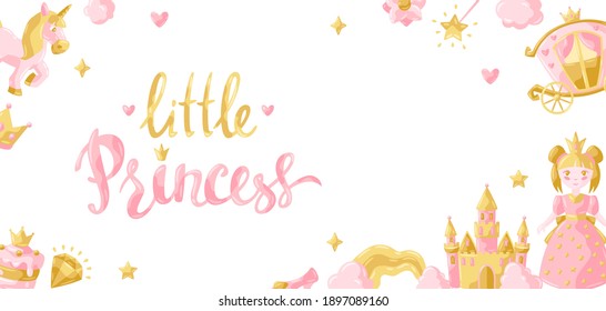 Princess party items background. Fairy kingdom and magic world illustration. Decoration for children celebration.