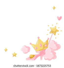 Princess party items frame. Fairy kingdom and magic world illustration. Decoration for children celebration.