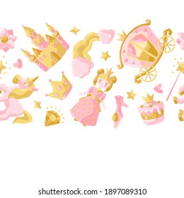 Princess party items seamless pattern. Fairy kingdom and magic world background. Decoration for children celebration.