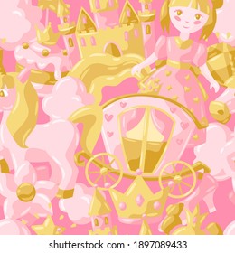 Princess party items seamless pattern. Fairy kingdom and magic world background. Decoration for children celebration.