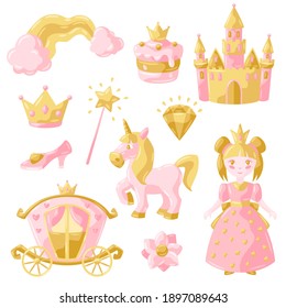 Princess party items set. Fairy kingdom and magic world illustration. Decoration for children celebration.