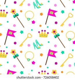 Princess party pattern. background with girl elements crown, shoes, wand. Vector illustration for party invitations, gift wrapping, scrapbook papers and other