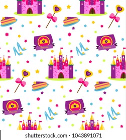 Princess party pattern. Vector background with girls design elements. Castle, shoes, wand, cake. For party invitations, gift wrapping, scrapbook papers, covers, blogs, textile