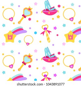 Princess party pattern. Vector background with girls design elements. Shoes, stars, mirror, necklace. For party invitations, gift wrapping, scrapbook papers, covers, blogs, textile