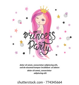 Princess party poster or invitation template. Vector Birthday card design for little girl.