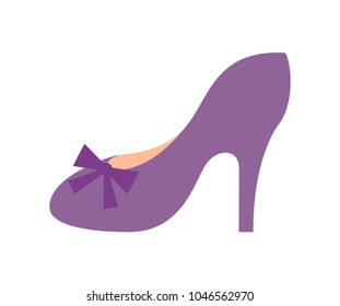 Princess party, poster with woman shoe of purple color, footwear on high heel with bow as decoration vector illustration isolated on white background
