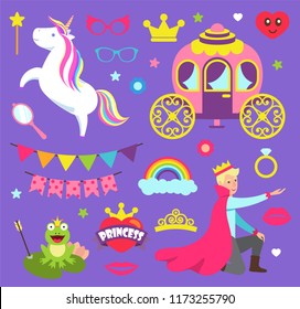 Princess party with unicorn \carriage for prince vector. Frog with arrow, decorative flags and ring, rainbow and glasses accessories, heart and crown