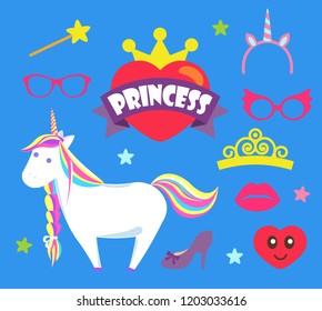 Princess party unicorn and crown icons set vector. Accessories glasses and magic wand with star on top, lips and heart face. Shoe on heel celebration