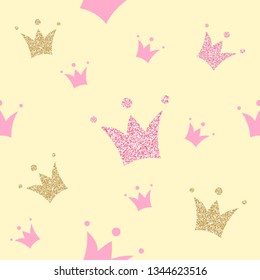 Princess pattern with glittering golden and pink crowns. Baby girl party background. Vector.