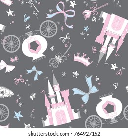 Princess Pattern for textile with castle, crown, butterfly, stars, diamond. Abstract pattern for girls.