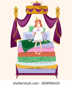 The Princess and the pea. A girl is sitting on a pile of mattresses under Royal canopy. Vector illustration.