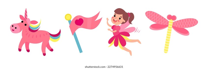 Princess Pink Attributes with Fairy, Unicorn, Flag and Dragonfly Vector Set