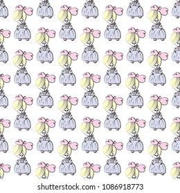 Princess in pink and blue. Seamless pattern for girls design. Sketch in Doodle style. Vector illustration.