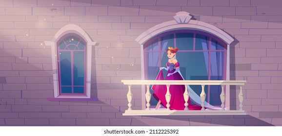 Princess in pink dress on palace balcony. Fairy tale beautiful girl in gold crown. Vector cartoon illustration of royal house facade with arch windows and terrace with balustrade