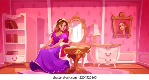 Princess in pink living room, pretty young woman in crown and dress sitting on chair in cozy interior with elegant retro furniture, cupboard, table, mirror and decor, Cartoon vector illustration