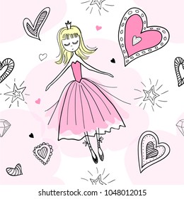 Princess pink seamless pattern for girls design. Sketch in doodle style.