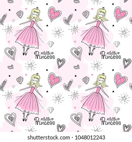 Princess pink seamless pattern for girls design. Sketch in doodle style.