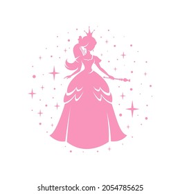 Princess pink silhouette in beautiful dress with magic wand. Dots and sparkles. Charming fairy tale girl. Cartoon vector illustration. Fantasy nurcery design element or child accessories, fabric print