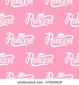 Princess pink. Vector illustration lettering. Seamless repeating pattern. Crown princess sign isolated on white background. 