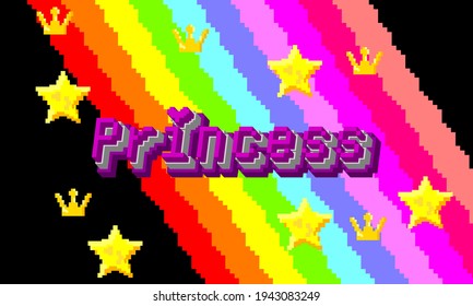 Princess pixel art calligraphy lettering. Retro video game style print for kids or babies t-shirt design, room decoration. Vector stock illustration.