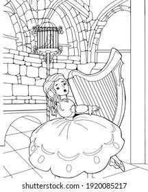 The princess plays the cello. Coloring pages.