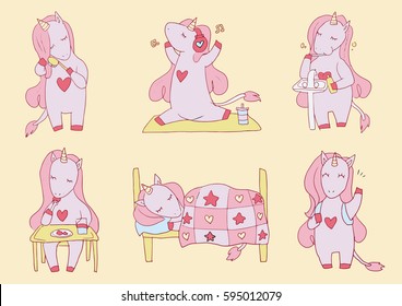 Princess pony set of six isolated cute characters vector illustration. Pony doing morning procedures, eating breakfast, doing yoga and going to school