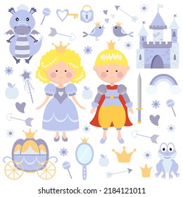 Princess with prince. Big set of illustrations. Blue color.