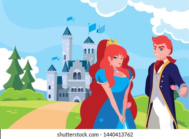 princess and prince with castle fairytale in landscape