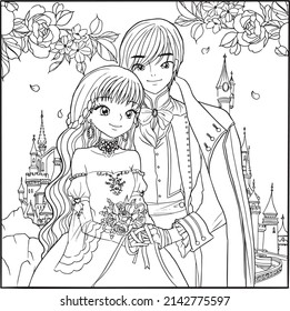 princess prince coloring page cartoon line art cute kawaii manga illustration clipart kid drawing character