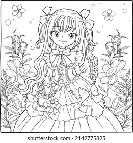 princess prince coloring page cartoon line art cute kawaii manga illustration clipart kid drawing character