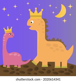 Princess and Prince dinosaurs are so happy to travel under the moon. Vector illustration for nursery, t-shirt, kids apparel, invitation. 