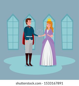 princess with prince indoor castle vector illustration design