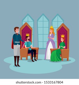 princess with prince and kings in castle vector illustration design