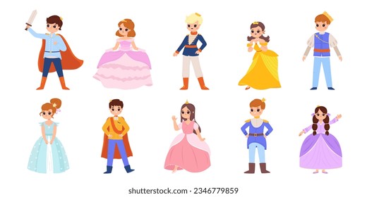 Princess and prince, little lady and knight. Magic world children characters, girls and boys in costume and dress. Fairytale snugly vector clipart