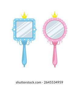 Princesa e príncipe espelho. Espelhos elegantes cor-de-rosa e azuis portáteis com coroas douradas. Elemento vintage para decoração infantil de aniversário. Ilustração vetorial em estilo de desenho animado plano.