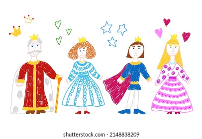 Princess, prince, queen and king doodle set. Royal family from fairy tale. Children's drawing. Isolated vector illustration
