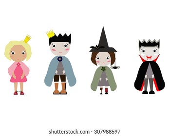 A Princess, A prince, a Vampire and a Witch. Halloween Character set on white background.