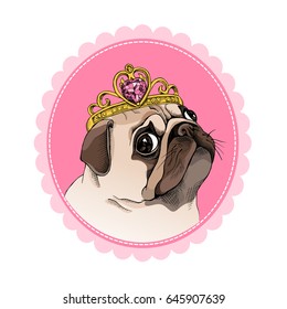 Princess Pug with a crown on a pink background. Portrait in a frame. Vector illustration.