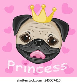 Princess Pug Dog With Hearts On A Pink Background 