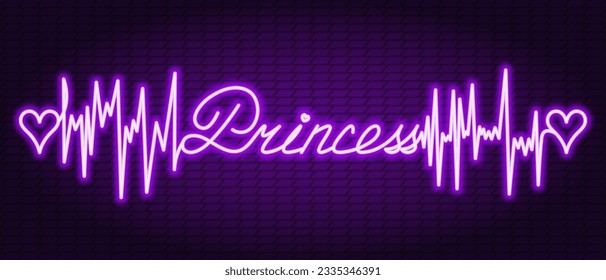 Princess. Purple neon. The text is embellished with pulses and hearts. Color vector illustration. Lilac brick wall, isolated background. Broken zigzag line and romantic lettering in italics. 