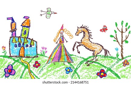 Princess or queen, castle, horse. Crayon like kids hand drawn fairy kingdom outdoor background. Fantasy fairy doodle simple vector. Colorful vector crayon, pastel chalk or pencil cartoon scribble art