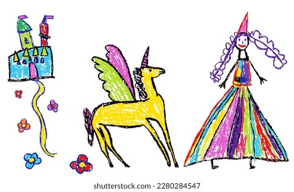 Princess or queen, castle, unicorn, pegasus, horse wings. Like kids hand drawn fairy kingdom outdoor background. Fantasy fairy doodle simple vector. Vector crayon, pastel chalk or pencil cartoon art