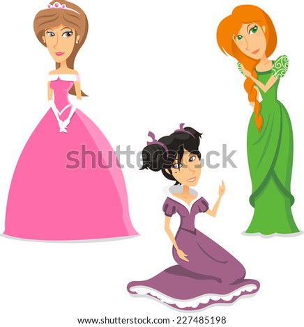 Princess Queen Collection, with three standing princess, with three different dresses, with different colors and shapes. Vector illustration cartoon.