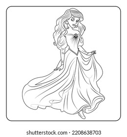 Princess queen dress coloring page for adults and children. Fantasy drawing of beautiful crowned sorceress surrounded in fashionable dress. Black and white vector illustration for coloring book.