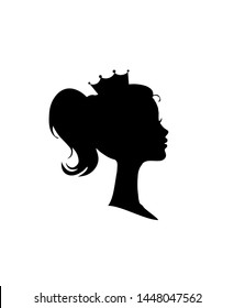 Princess or Queen Profile Silhouette with Crown on Head, Monochrome Cameo Victorian Portrait of Royal Person , Black White Cute Girl Weraring Tiara Side View, Retro Cartoon Flat Vector Illustration