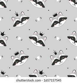 Princess Raccoons. Cute Little Raccoon Face with Crown and Hearts Seamless Pattern. Kawaii Animal Heads Childish Vector Background for Kids Fashion Design. Print for Nursery Wallpaper