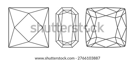 Princess, Radiant, Cushion diamond cut shape. Design diagram. Princess, Radiant, Cushion brilliant. Gemstone outline icons for jewellery design, branding, packaging, logo. Diamond pad shape top view.